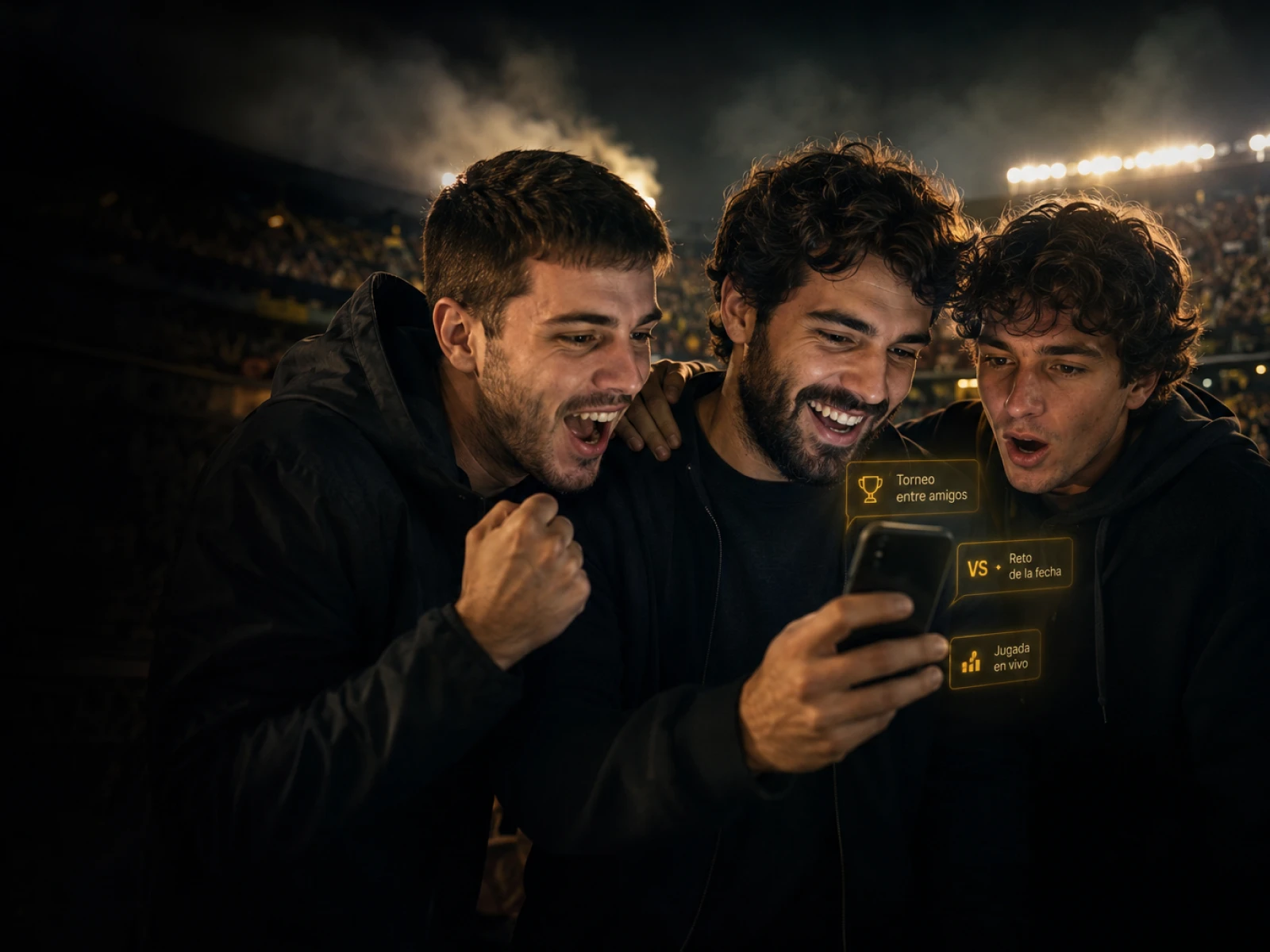 Grupo de hinchas celebrando juntos un gol