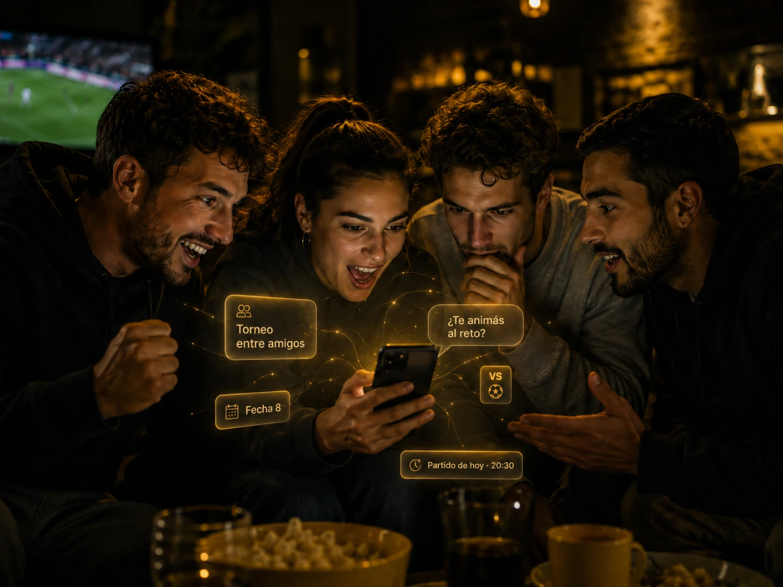 Amigos compartiendo y comentando un partido